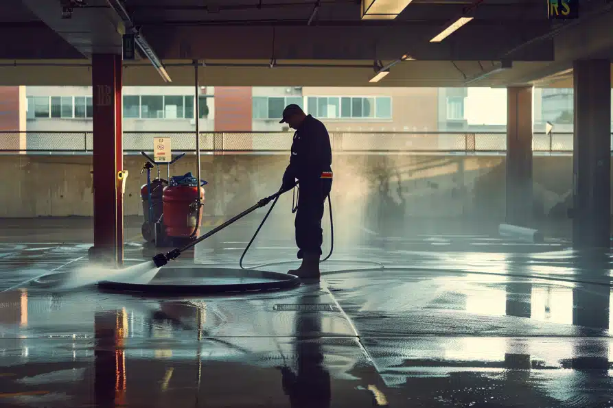 man hydro scrubbing parking garage 2