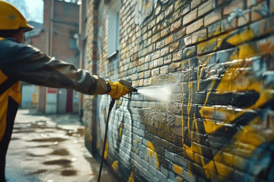 power washing graffiti off brick